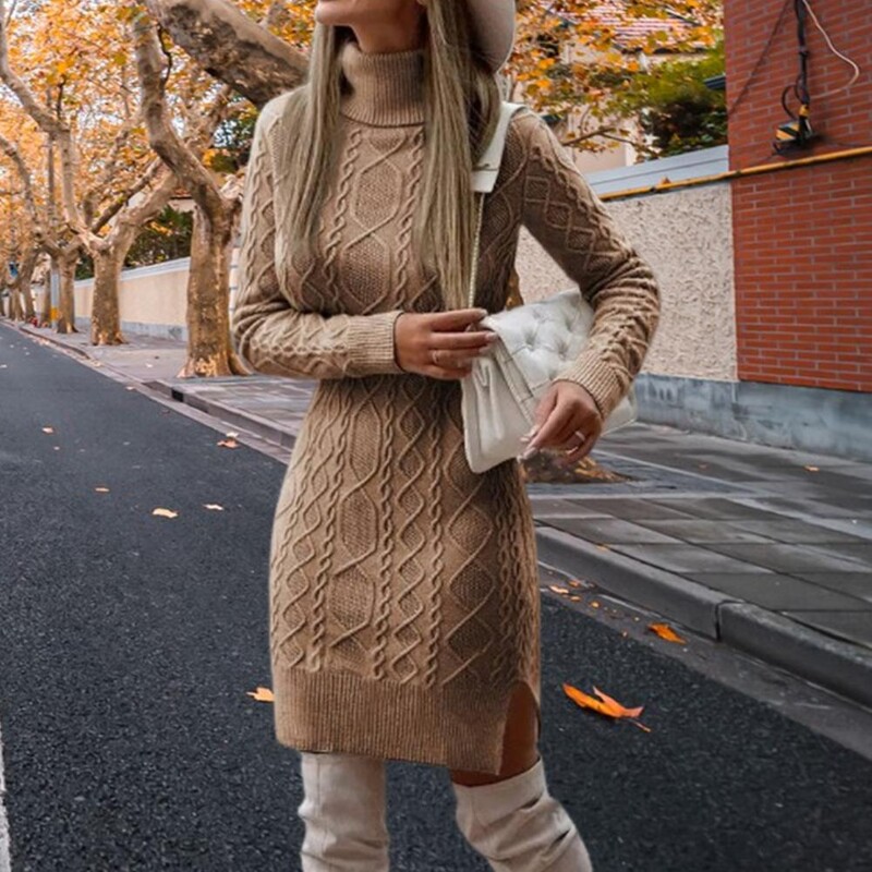 Ženska džemper haljina Elegantna džemper haljina s visokim ovratnikom s prorezom na rubu uvrnute teksture za jesen i zimu, pletena dugih rukava za izlaske