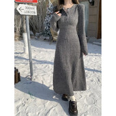 Elegantna pletena haljina za žene jesen/zima 2024. Novi stil za mršavljenje srednje duljine, donja suknja s dugim rukavima, na preklop, do struka