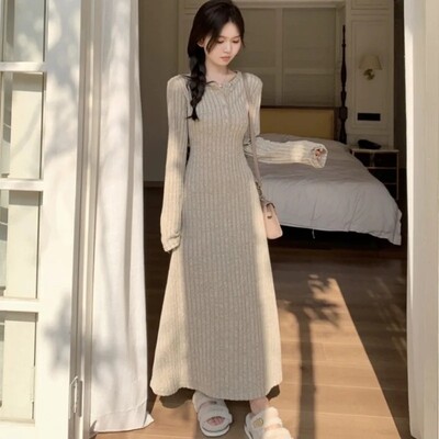 Elegantna pletena haljina za žene jesen/zima 2024. Novi stil za mršavljenje srednje duljine, donja suknja s dugim rukavima, na preklop, do struka