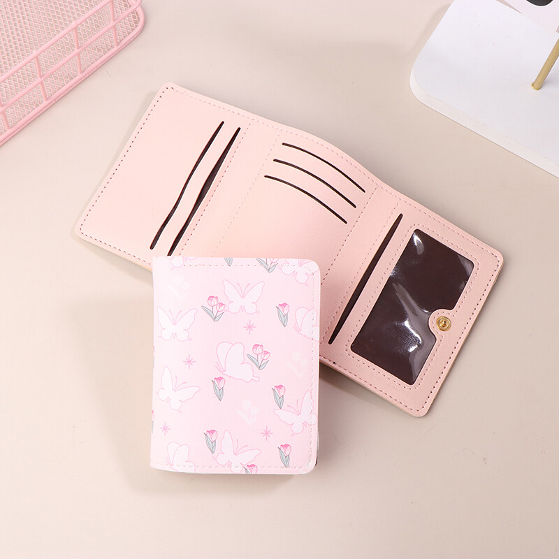 Fundă, culoare roz dulce, portofele pliabile florale, pungă pentru femei, suport de card pentru fete, portabil de călătorie, bani gheață, geantă foto pentru carduri