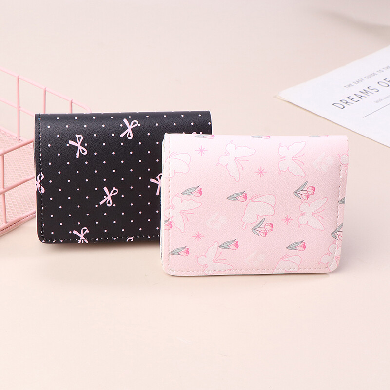 Fundă, culoare roz dulce, portofele pliabile florale, pungă pentru femei, suport de card pentru fete, portabil de călătorie, bani gheață, geantă foto pentru carduri