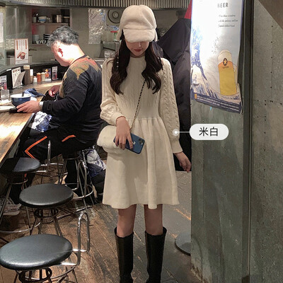 Pulover cu tunică răsucită Rochie plisată Casual Femei mâneci lungi cu lanternă tricotate Rochii de petrecere de Crăciun LMFS-LM-20059