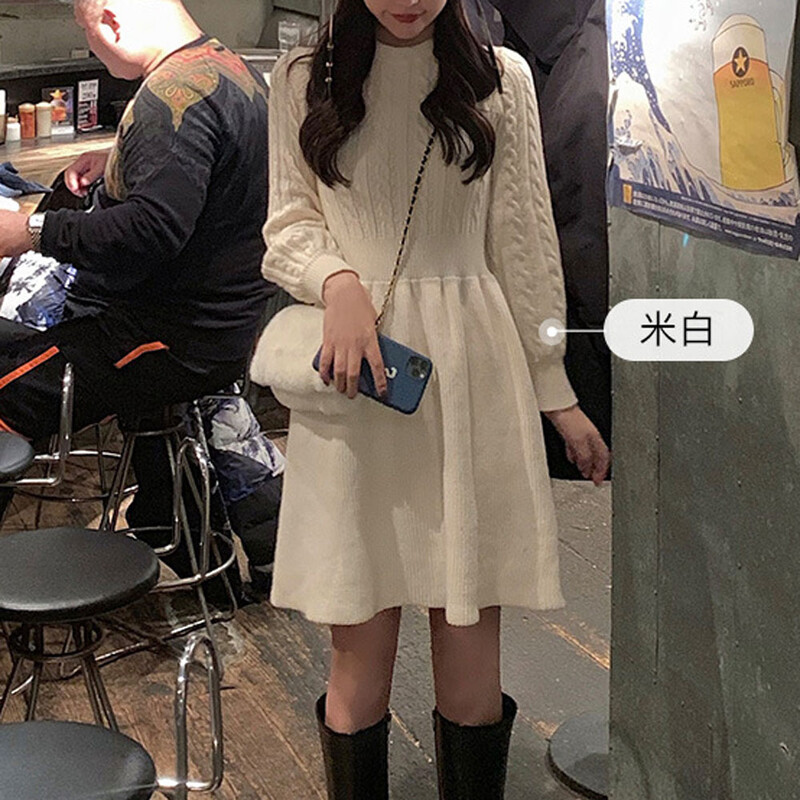 Pulover cu tunică răsucită Rochie plisată Casual Femei mâneci lungi cu lanternă tricotate Rochii de petrecere de Crăciun LMFS-LM-20059