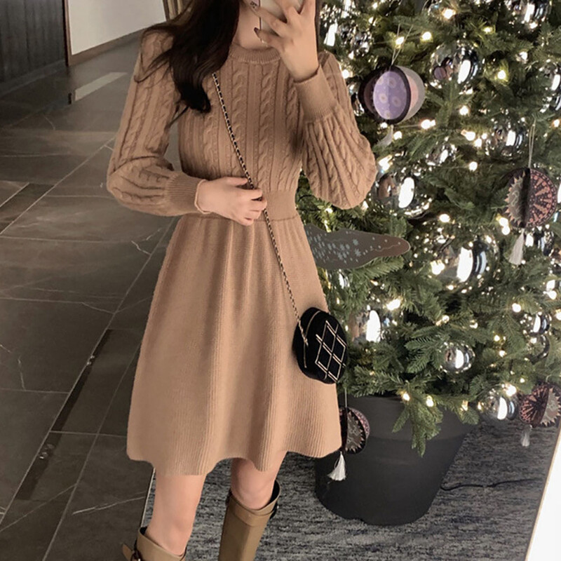 Pulover cu tunică răsucită Rochie plisată Casual Femei mâneci lungi cu lanternă tricotate Rochii de petrecere de Crăciun LMFS-LM-20059