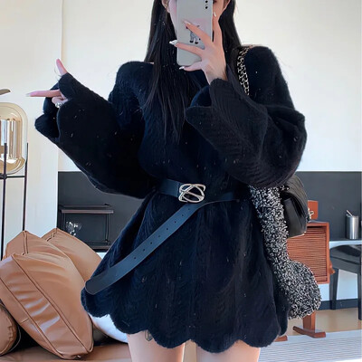 Top din tricot cu margini neregulate în stil coreean pentru femei, toamnă, stil blând, ocazional, dulci, cu umăr, pulover cu croiala lejeră