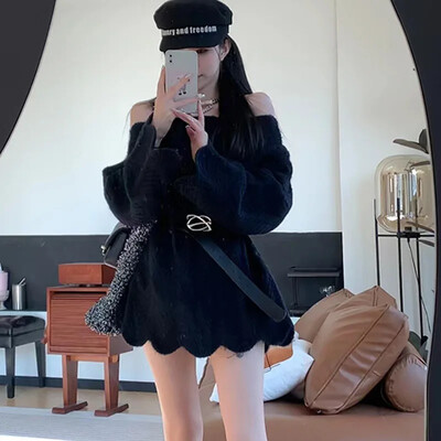 Top din tricot cu margini neregulate în stil coreean pentru femei, toamnă, stil blând, ocazional, dulci, cu umăr, pulover cu croiala lejeră