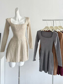 Francuska elegancija Jednobojna vilinska pletena haljina s četvrtastim ovratnikom Modna jednodijelna haljina iz 2000-ih Estetika od kašmira Slatka svečana prigoda