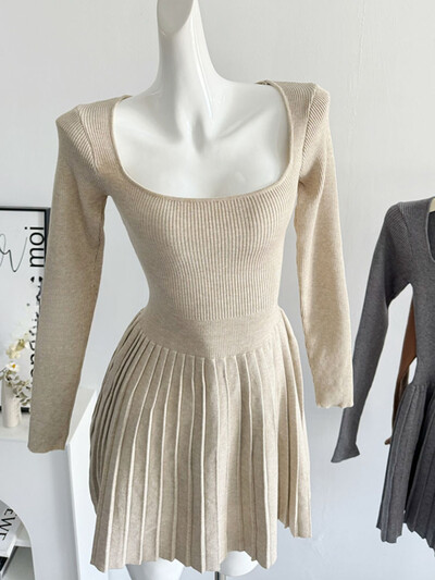 Francuska elegancija Jednobojna vilinska pletena haljina s četvrtastim ovratnikom Modna jednodijelna haljina iz 2000-ih Estetika od kašmira Slatka svečana prigoda