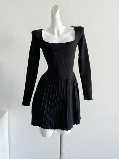 Francuska elegancija Jednobojna vilinska pletena haljina s četvrtastim ovratnikom Modna jednodijelna haljina iz 2000-ih Estetika od kašmira Slatka svečana prigoda