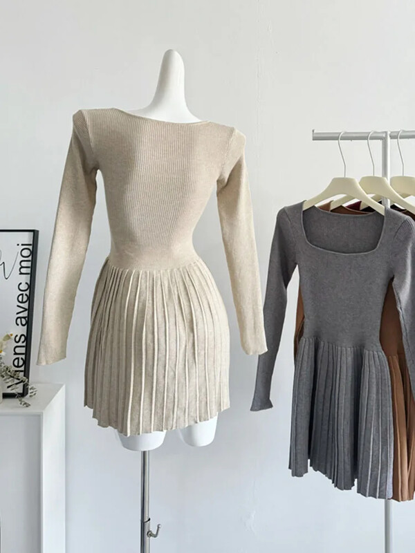 Francuska elegancija Jednobojna vilinska pletena haljina s četvrtastim ovratnikom Modna jednodijelna haljina iz 2000-ih Estetika od kašmira Slatka svečana prigoda
