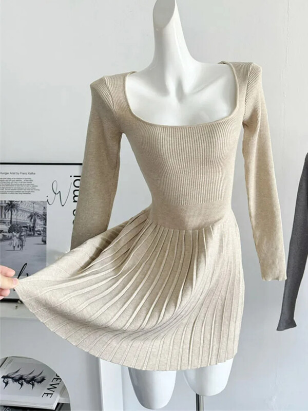 Francuska elegancija Jednobojna vilinska pletena haljina s četvrtastim ovratnikom Modna jednodijelna haljina iz 2000-ih Estetika od kašmira Slatka svečana prigoda