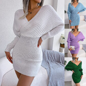 Rochie de femeie, de calitate superioară, tricotată de vară, cu mânecă lungă, cu decolteu în V, cu talie subțire, Rochii casual, Vanzare Dropshipping BJS2078