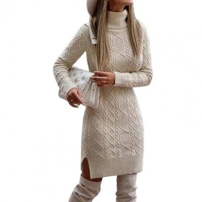 Jesen Zima Pulover Haljina Visoki ovratnik Kratka haljina s prorezom na rubu Dugi rukavi Pletena mini haljina od uvrnute teksture