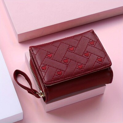 Portofel scurt de damă, brodat Love Zero, cu fermoar, cataramă, geantă cu carduri de capacitate mare, versatilă, modă simplă