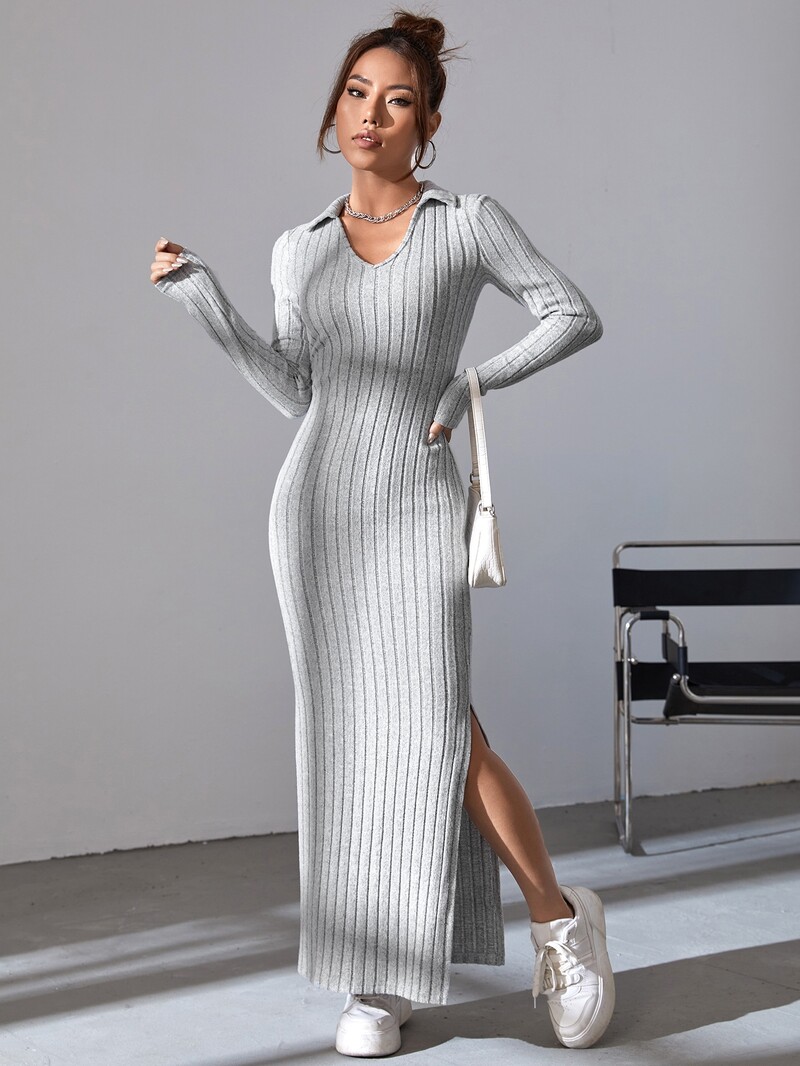 Tricotaje explozive de toamnă și iarnă, cu decolteu în V, slim-fit, cu rever, strâns în interiorul sacului, rochie cu mânecă lungă, temperament