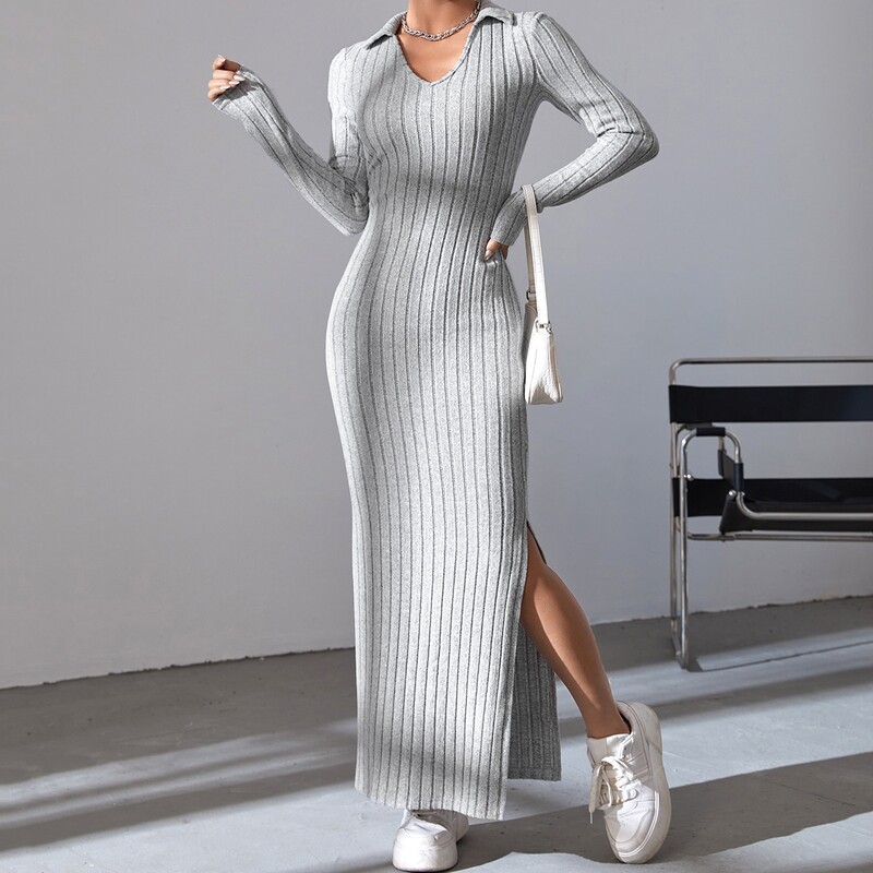 Tricotaje explozive de toamnă și iarnă, cu decolteu în V, slim-fit, cu rever, strâns în interiorul sacului, rochie cu mânecă lungă, temperament