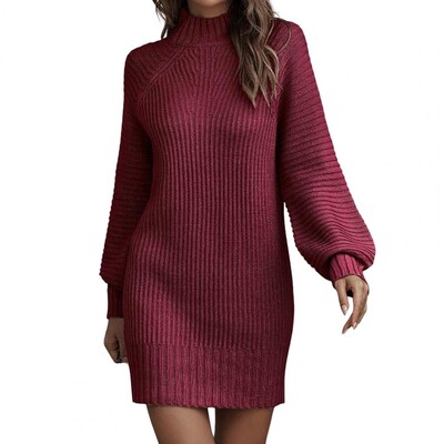 Elegantni ženski jesenski zimski rebrasti pleteni dugi pulover Prozračna džemper haljina Raglan dugih rukava za ured
