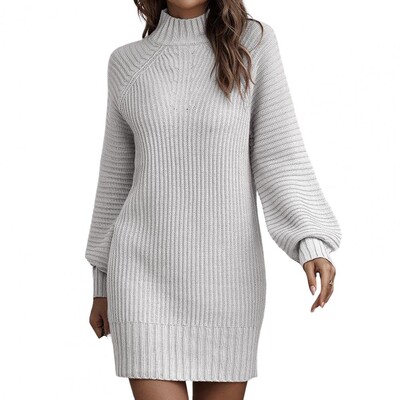 Elegantni ženski jesenski zimski rebrasti pleteni dugi pulover Prozračna džemper haljina Raglan dugih rukava za ured