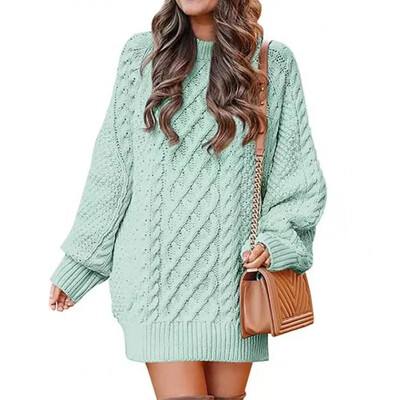 Pulover tricot cu mânecă lungă pentru femei cu gât rotund Rochie caldă de lungime medie Cusătură în spirală Stil european american