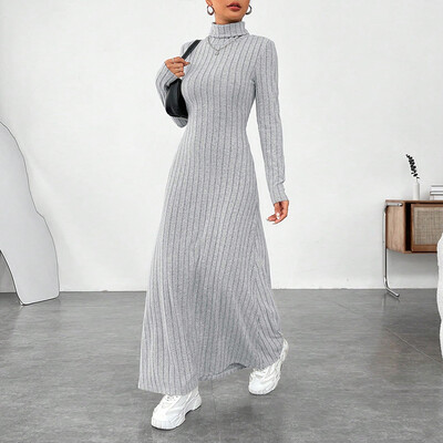 Ženska elegantna pletena haljina s kapuljačom, temperamentna dolčevita, dugih rukava, jednobojna rebrasta duga haljina, ulična odjeća