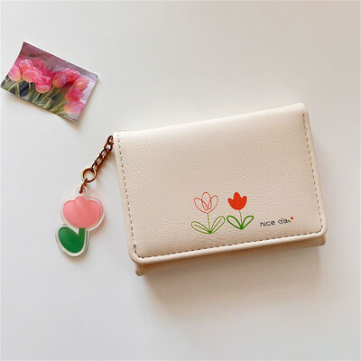 Portofel cu model cu imprimeuri de lalele Portofel scurt pentru femei, cu cataramă, poșetă cu monede, piele PU, suport pentru carduri, portofele la modă cu mai multe fante