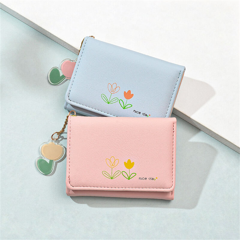 Portofel cu model cu imprimeuri de lalele Portofel scurt pentru femei, cu cataramă, poșetă cu monede, piele PU, suport pentru carduri, portofele la modă cu mai multe fante