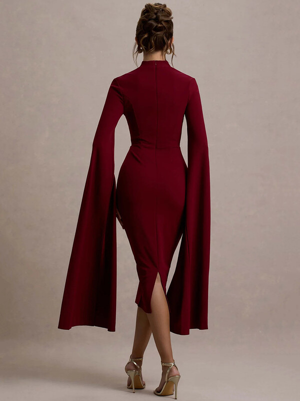 Mozision Cape rochie midi sexy cu mâneci lungi pentru femei, toamnă iarnă, guler pătrat nou, rochie lungă de petrecere, cu fantă în spate, bodycon