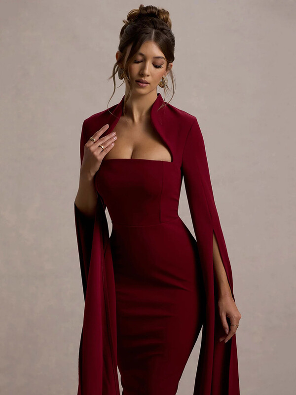 Mozision Cape rochie midi sexy cu mâneci lungi pentru femei, toamnă iarnă, guler pătrat nou, rochie lungă de petrecere, cu fantă în spate, bodycon