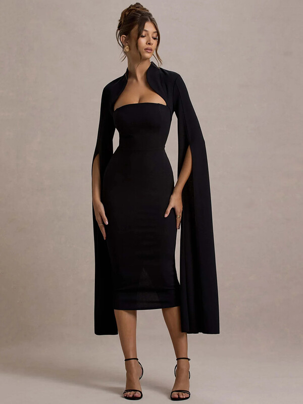 Mozision Cape rochie midi sexy cu mâneci lungi pentru femei, toamnă iarnă, guler pătrat nou, rochie lungă de petrecere, cu fantă în spate, bodycon