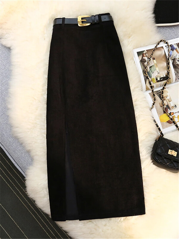 Toamnă Iarnă Fuste de damă din velur cu centură 2023 Nou cu talie înaltă, drepte, clasice, fuste despicate în față, dame, femei