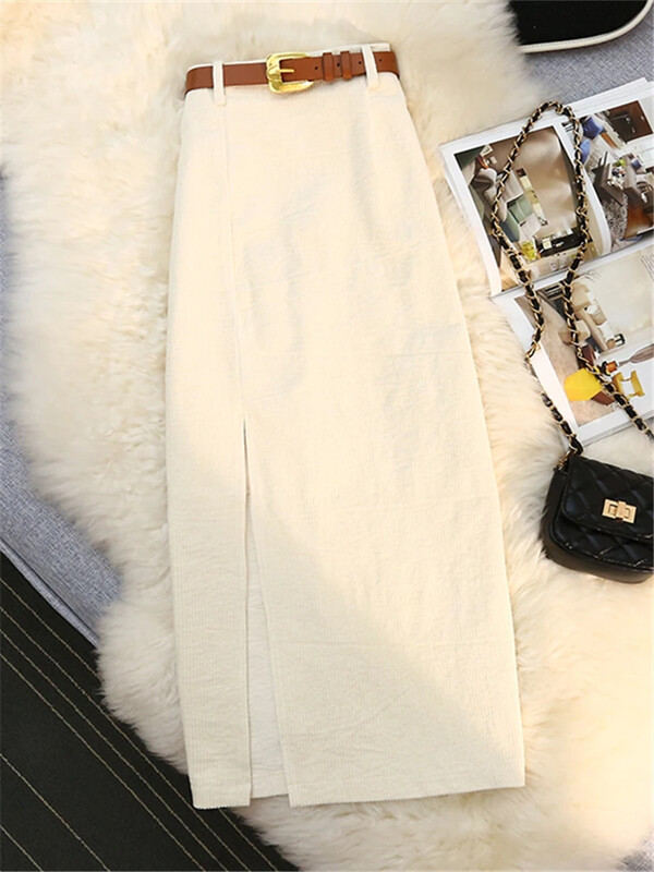 Toamnă Iarnă Fuste de damă din velur cu centură 2023 Nou cu talie înaltă, drepte, clasice, fuste despicate în față, dame, femei