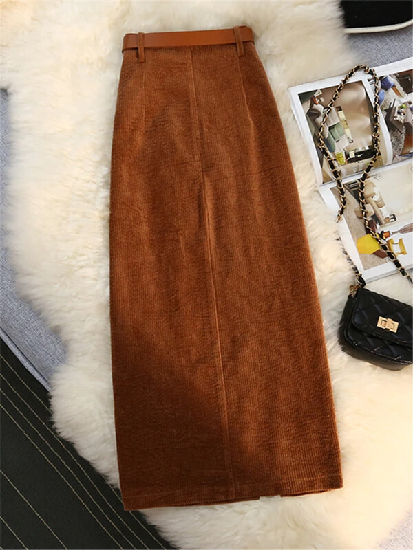 Toamnă Iarnă Fuste de damă din velur cu centură 2023 Nou cu talie înaltă, drepte, clasice, fuste despicate în față, dame, femei