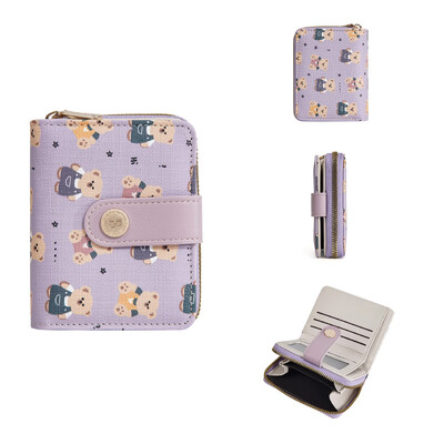 Portofele mici din piele pentru femei, fete, portofel drăguț cu urs, suport scurt pentru carduri, poșetă de designer de marcă, cu fermoar, buzunar pentru monede, posetă violet
