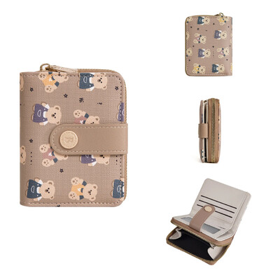 Portofele mici din piele pentru femei, fete, portofel drăguț cu urs, suport scurt pentru carduri, poșetă de designer de marcă, cu fermoar, buzunar pentru monede, posetă violet