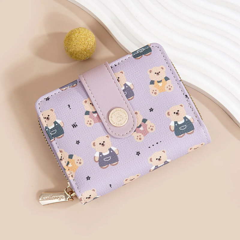 Portofele mici din piele pentru femei, fete, portofel drăguț cu urs, suport scurt pentru carduri, poșetă de designer de marcă, cu fermoar, buzunar pentru monede, posetă violet