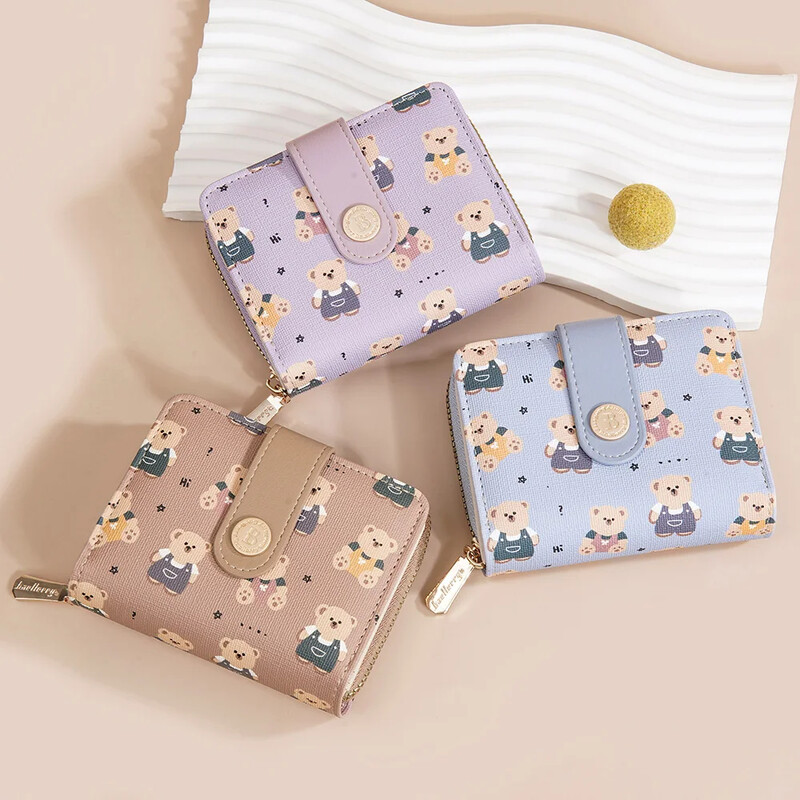 Portofele mici din piele pentru femei, fete, portofel drăguț cu urs, suport scurt pentru carduri, poșetă de designer de marcă, cu fermoar, buzunar pentru monede, posetă violet