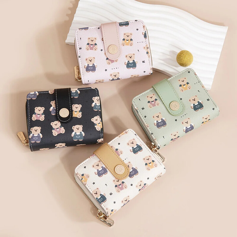 Portofele mici din piele pentru femei, fete, portofel drăguț cu urs, suport scurt pentru carduri, poșetă de designer de marcă, cu fermoar, buzunar pentru monede, posetă violet