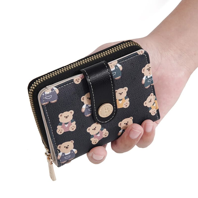 Portofele mici din piele pentru femei, fete, portofel drăguț cu urs, suport scurt pentru carduri, poșetă de designer de marcă, cu fermoar, buzunar pentru monede, posetă violet