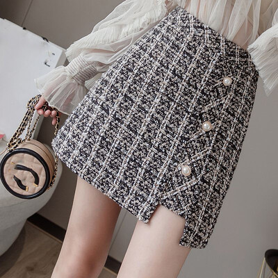 Lucyever Vintage karirana suknja od tvida Ženske korejske uredske mini suknje visokog struka Ženske jesensko-zimske deblje vunene suknje A-kroja s patentnim zatvaračem