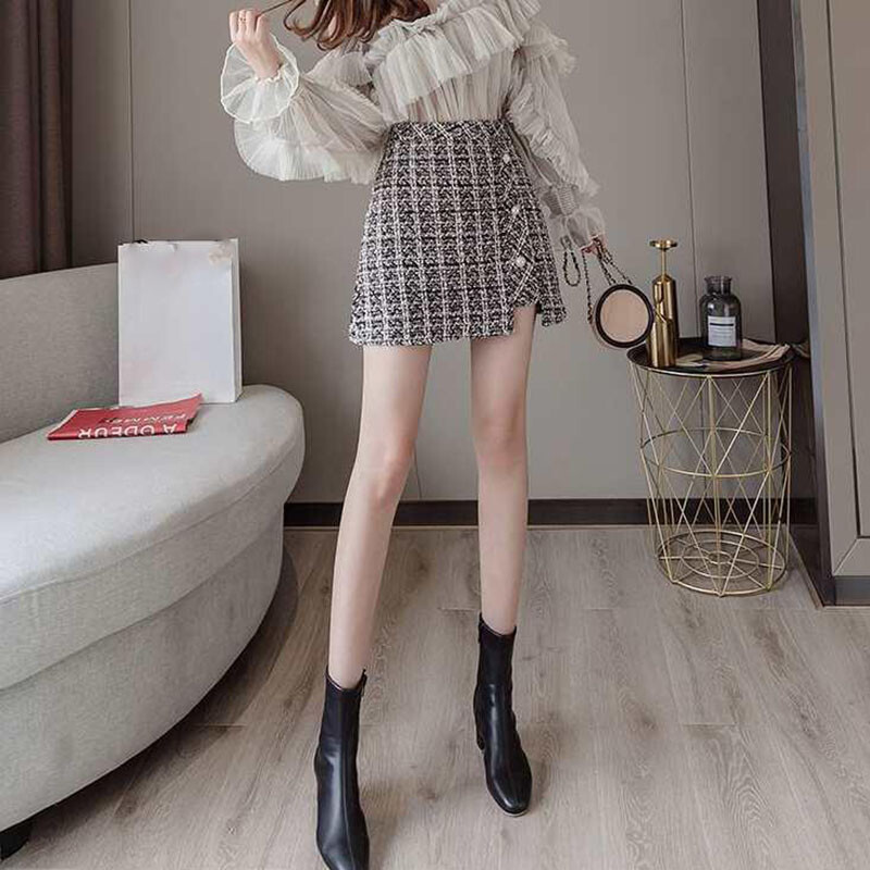 Lucyever Vintage karirana suknja od tvida Ženske korejske uredske mini suknje visokog struka Ženske jesensko-zimske deblje vunene suknje A-kroja s patentnim zatvaračem