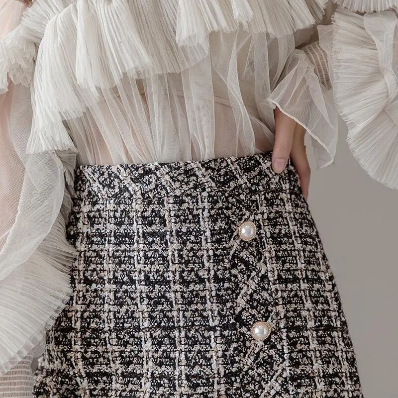 Lucyever Vintage karirana suknja od tvida Ženske korejske uredske mini suknje visokog struka Ženske jesensko-zimske deblje vunene suknje A-kroja s patentnim zatvaračem