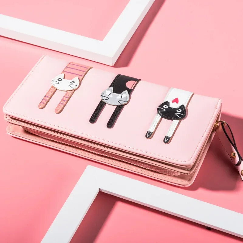Portofel pentru femei cu pisică de desene animate, din piele PU, portofel scurt pentru femei, portofel cu monede proiectat de marcă, suport pentru carduri, portofel pentru fete drăguțe