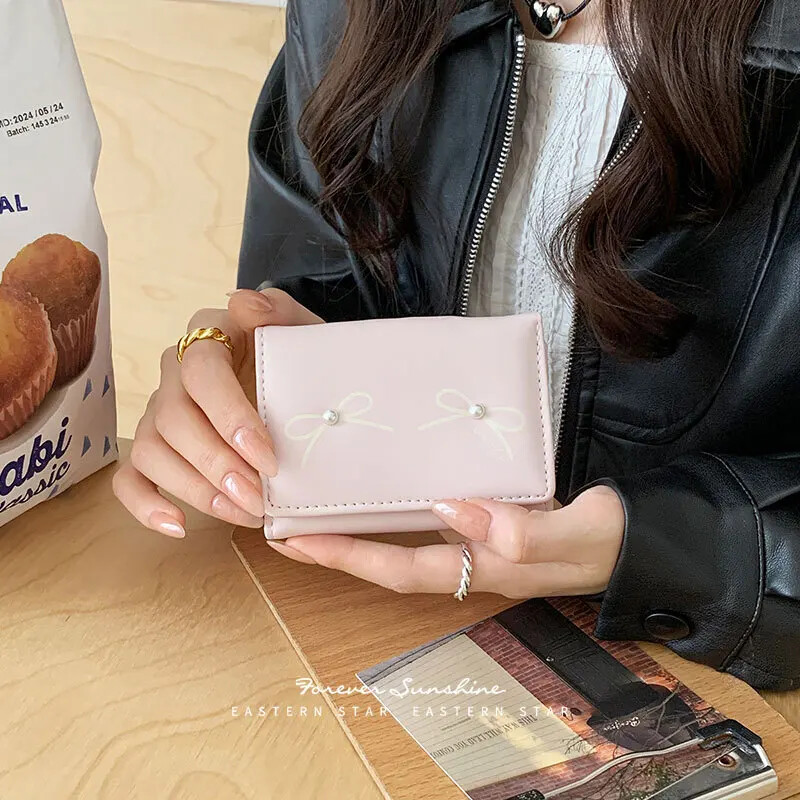 Poșetă cu arc de modă coreeană pentru fete, simplitate, culoare solidă, carte de identitate, carte bancară, portofel, portabil, de călătorie, pentru femei.