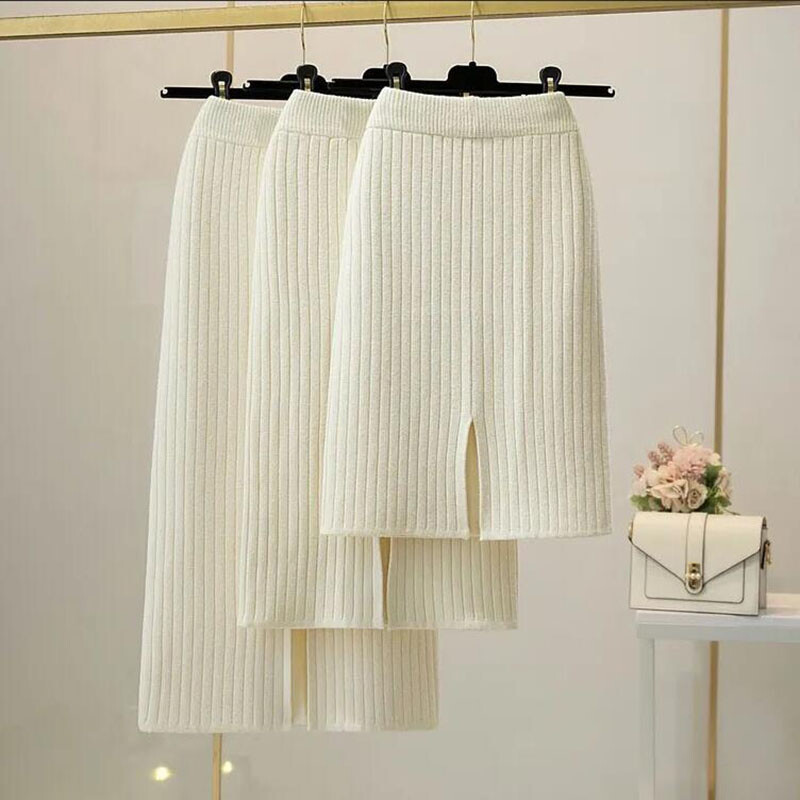 50-60-70 CM Modne korejske pletene ženske suknje jesen-zima Elastične ženske suknje visokog struka podijeljenog A-kroja Seksi ženske rebraste suknje