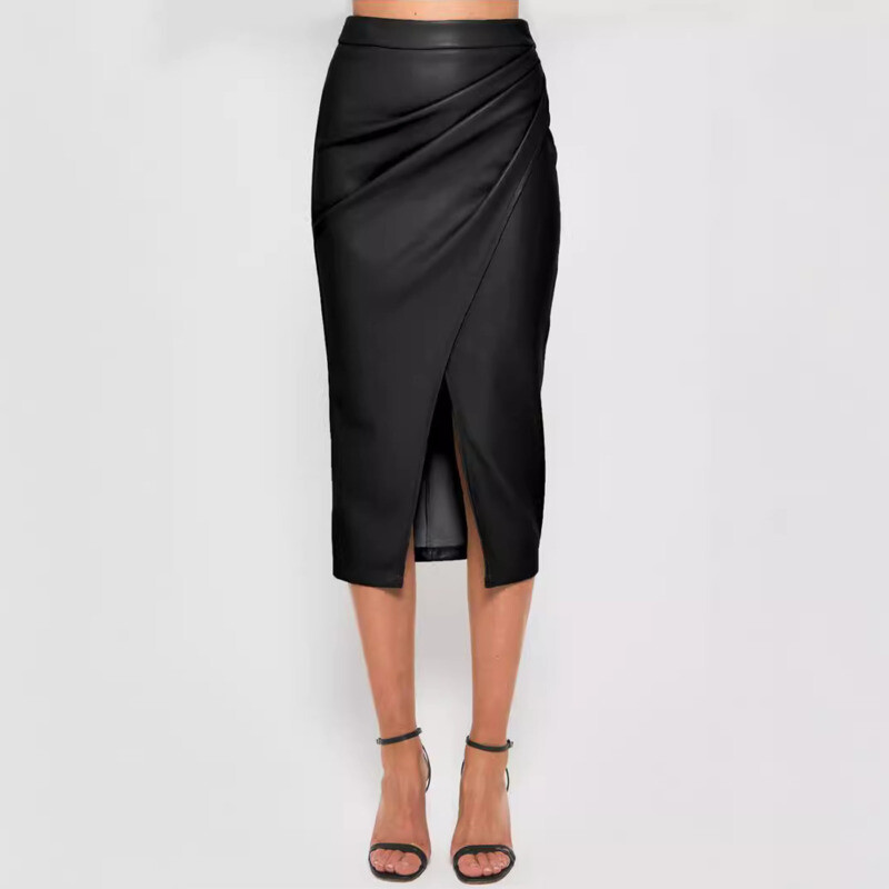 Fusta din piele PU pentru femei 2024, toamnă iarnă, birou, damă, cu talie înaltă, fermoar, fuste cu pliuri, fuste sexy pentru femei
