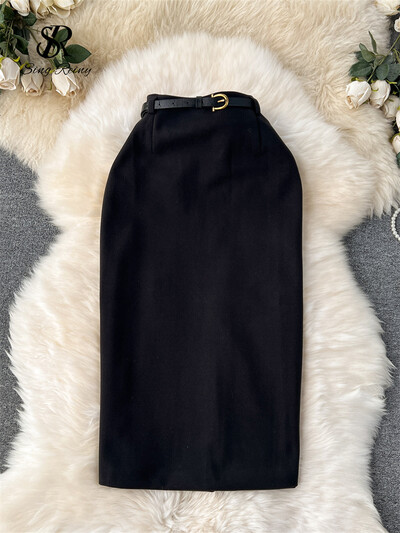 SINGREINY Temperament Ženska OL suknja Jednobojni pojas s patentnim zatvaračem Moda High Street korejskog stila Chic Basic Bodycon Slim Fit Suknja