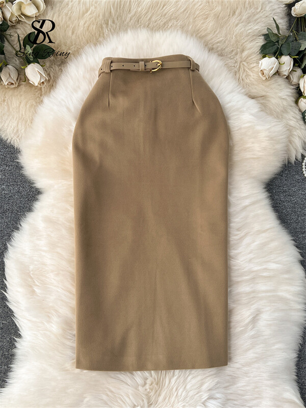 SINGREINY Temperament Ženska OL suknja Jednobojni pojas s patentnim zatvaračem Moda High Street korejskog stila Chic Basic Bodycon Slim Fit Suknja