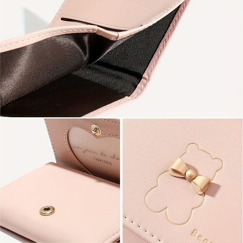 Mini kratki novčanik s uzorkom kawaii medvjeda, trostruka torbica za novčiće, jednobojni držač za kreditnu karticu