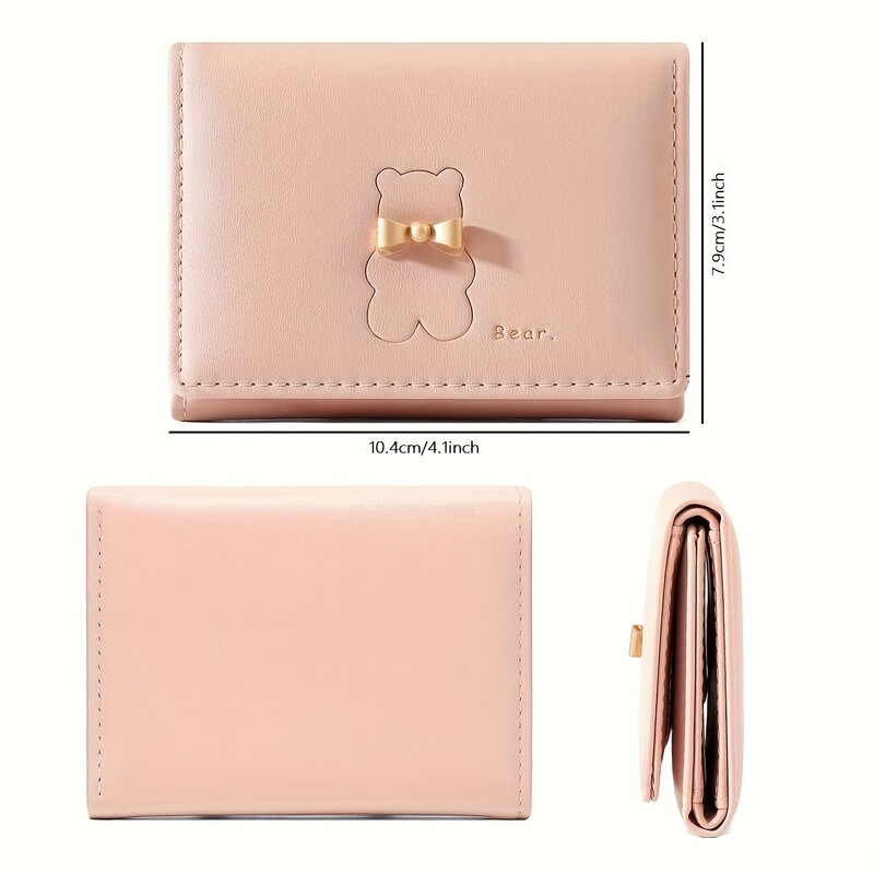 Mini kratki novčanik s uzorkom kawaii medvjeda, trostruka torbica za novčiće, jednobojni držač za kreditnu karticu