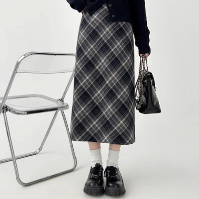 Deeptown Preppy stilska karirana suknja Vintage ženske vunene modne duge suknje Retro ležerna jesen zima midi suknja Slim Up A kroja